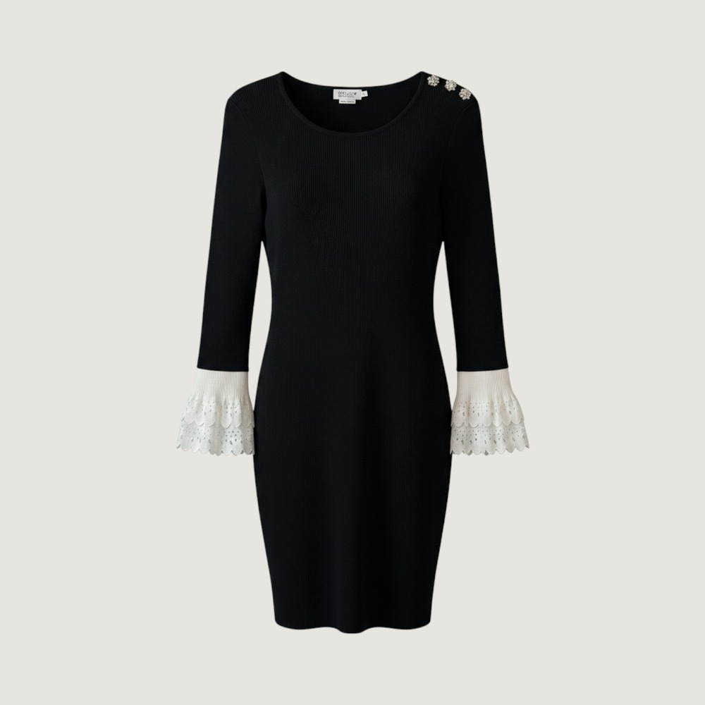 Molly Bracken Rhinestone Eyelet Cuff Knit Dress L/XL Parisian Chic Black